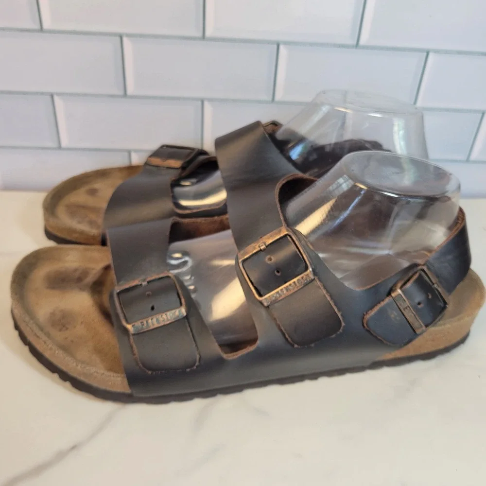 Birkenstock Milano Mens 11 Brown Black Leather Slingback Sandals 44 L13 M11